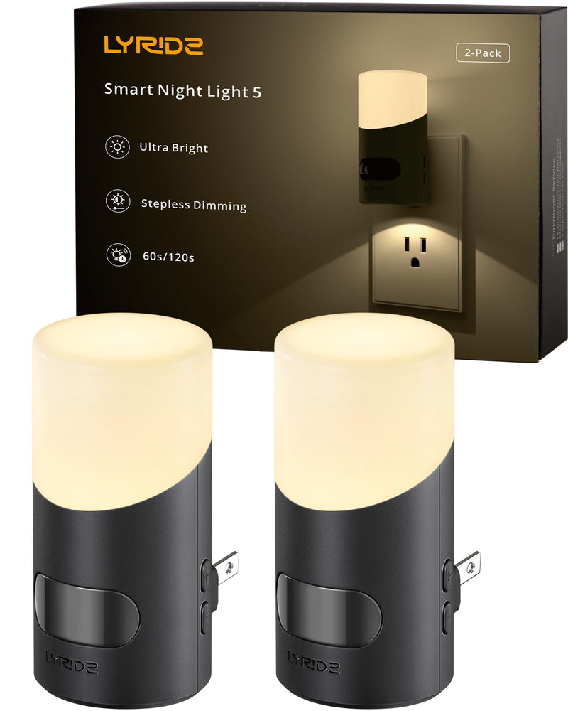 Lyridz LED Night Lights Plug into Wall with Motion Sensor, 1-150LM Dimmable Plug-in Nightlight Indoor for Bedroom, Bathroom, Hallway, Stairs, Pet House, Toilet, 2 Pack Black