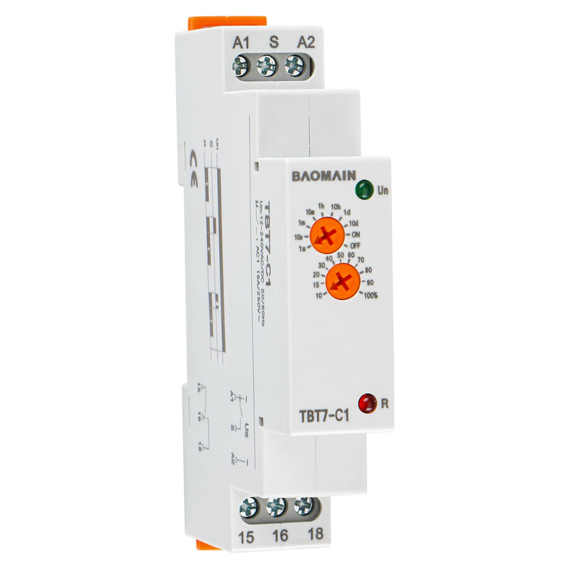 Baomain Multi-Function Time Relay, 16A Delay Off SPDT, DIN Rail Mounting Timer Relay TBT7-C1 (1-SPDT, 12-240VAC/DC)