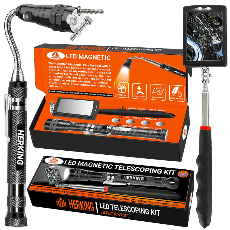 Mens Valentines Day Gifts for Him Telescoping Magnetic Pickup Tool Set - Inspection Mirror, Birthday Gifts for Men Dad Boyfriend Husband Mens Gifts Ideas 2-Pack Mirror Flashlight Set