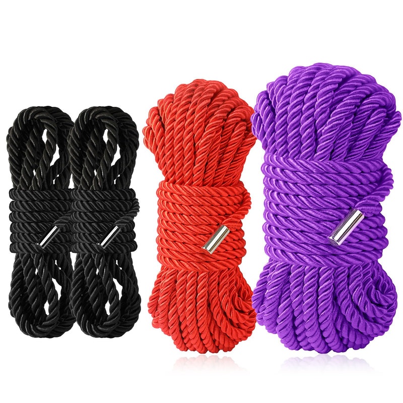 Silk Rope, Skin Friendly Soft Rope Durable, 32 Feet 8 mm Multipurpose Long Satin Braided Twisted Rope (2x8ft Black+16ft red+32ft Purple) 2x8ft Black+16ft red+32ft Purple