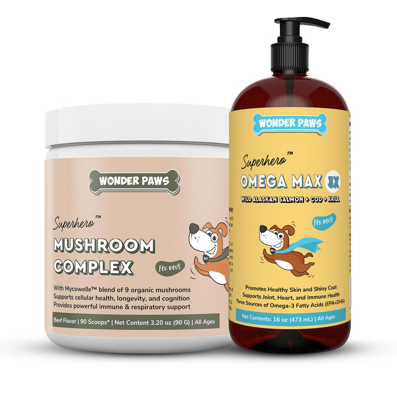Mushroom Complex Powder Plus Omega Max Fish Oil - for Dog’s Immune Health, Vitality, Skin & Joint Care – Mushroom Complex 90 Scoops - Omega Max 16 Ounces - PawsPlanet Australia