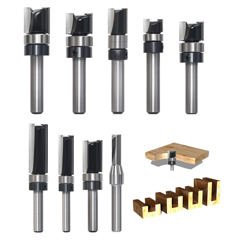 9pcs Pattern Flush Trim Router Bit 1/4 Shank, Carbide Tipped Top Bearing Template Pattern Router Bit, Straight Flush Cut Router Bit, for Wood Trimming 9pcs Pattern Bit 1/4 Shank
