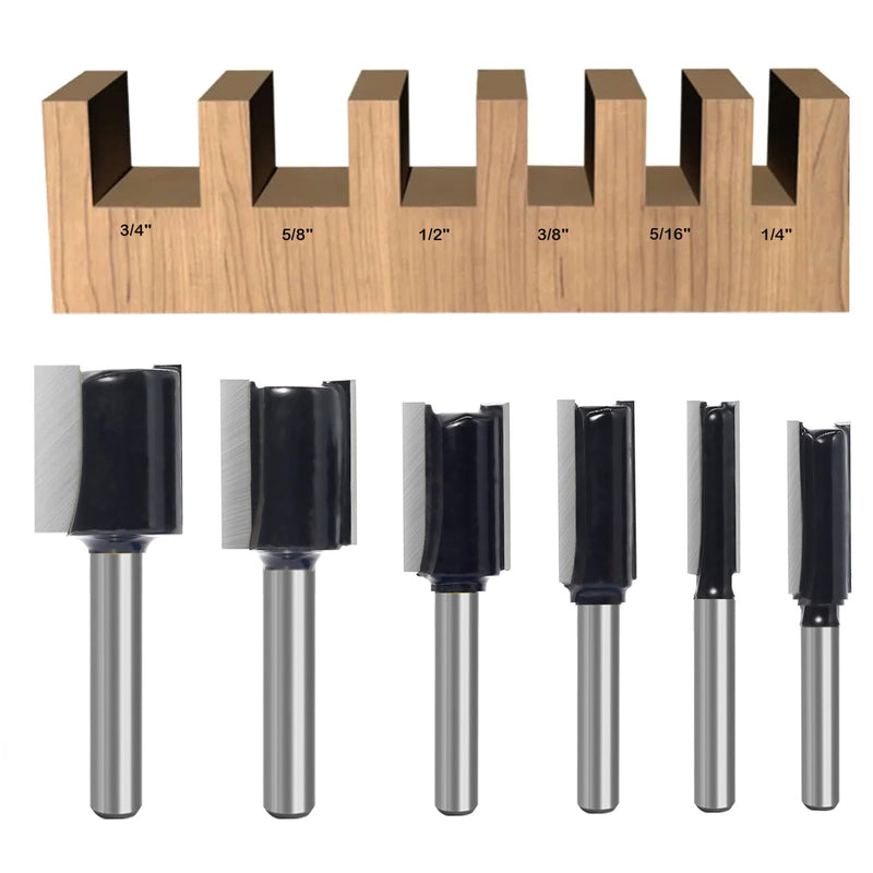 6Pcs Straight Router Bit Set 1/4 Shank, Double Flute Straight Bit Dado Straight Cut Router Bit, Cut Dia 3/4", 5/8", 1/2", 3/8", 5/16", 1/4", Straight Router Bit for Woodworking Groove by SICWOOD 6pcs straight bit 1/4 shank