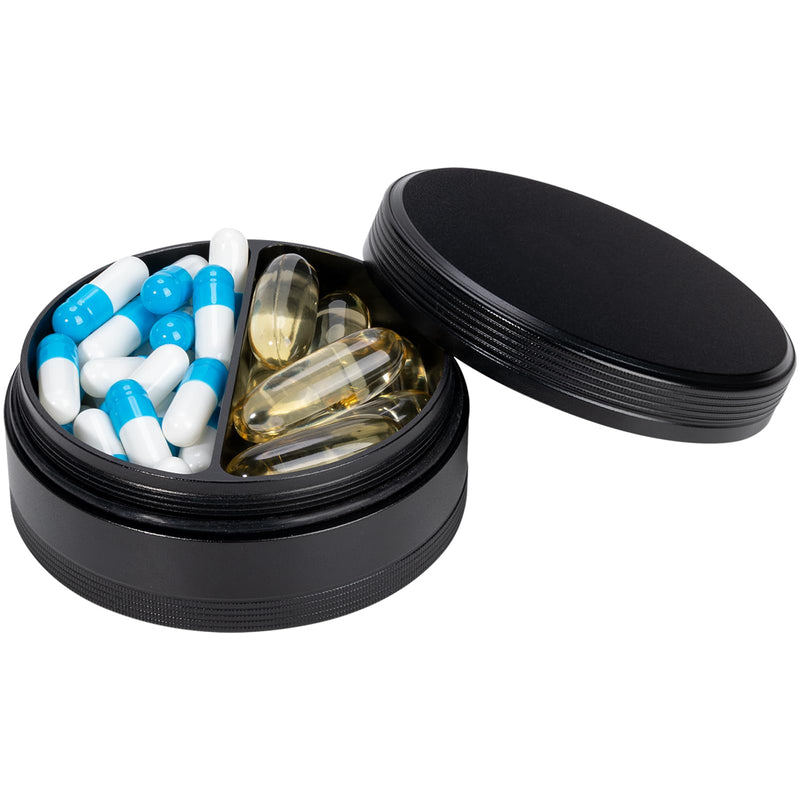 2 Compartment Metal Pill Box - Waterproof Aluminium Travel Pill Case Daily Purse Pocket Medicine Container, Portable Pill Organizer Holder for Medication, Vitamins, Fish Oils Black 2 compartment