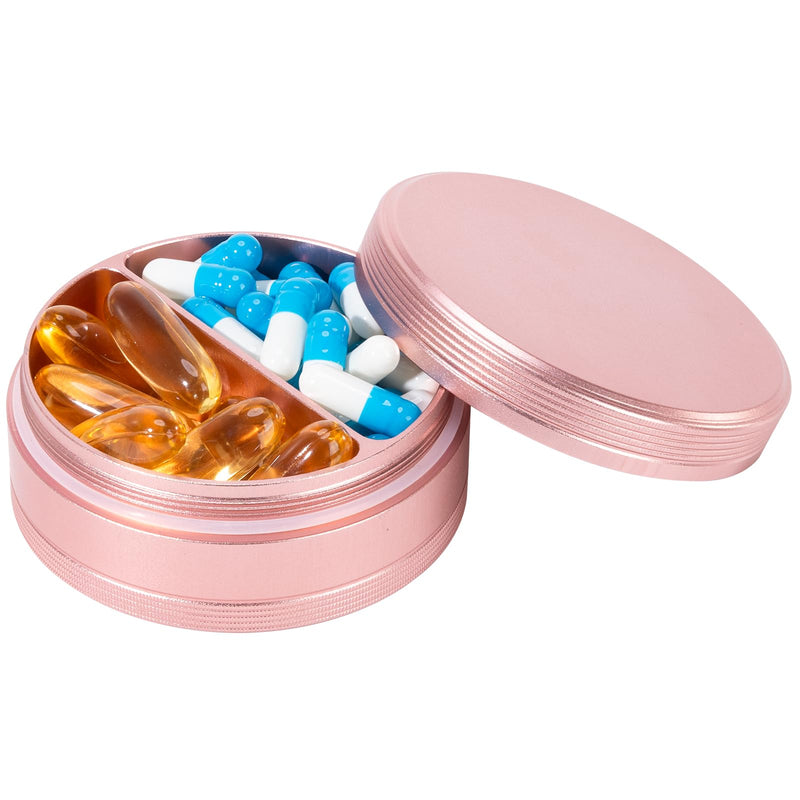 Metal Pill Case 2 Compartment - Waterproof Pill Box for Daily Travel, Pocket Purse Pill Container Holder Compact Medicine Organizer for Vitamins Fish Oils Medication Pink
