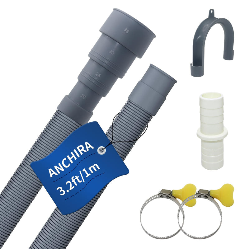 3.2 FT Washing Machine Drain Hose, Flexible Dishwasher Drain Hose Extension Kit, Universal Washer Drain Hose, Corrugated Washer Hose with 1 Adapter, 2 Hose Clamps, 1 U-Bend Hose Holder 3.2 FT