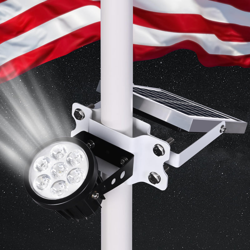 PPQ Solar Flag Pole Light,New 7 LED Bright Solar Powered Spotlight 12H/5W Outdoor Waterproof, Fits 1.6"-3.2" Flagpoles & Inground & Wall, Dusk to Dawn Auto On/Off(6000K White) 7 LED 5000mAh 5W