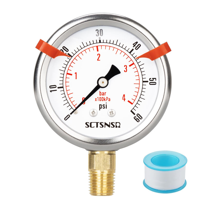 0 to 60 Psi Pressure Gauge, Glycerin Liquid Filled, 2.5 inch Dial, 1/4" NPT Lower Mount, Stainless Steel Case, for Pool Sand Filter, Water Pump, Propane, Coolant, CO2, Gas, Low Pressure Test 0-60 Psi
