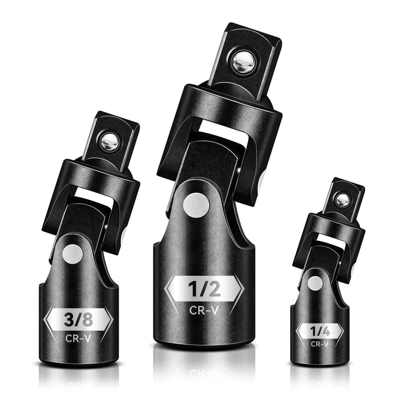 Universal Joint Set 3PCS, 1/2" 3/8" 1/4" Drive Socket Adapter Set, Premium CR-V Steel Swivel Socket Set, Access Fasteners at Any Angle 3PCS Universal Joint Set