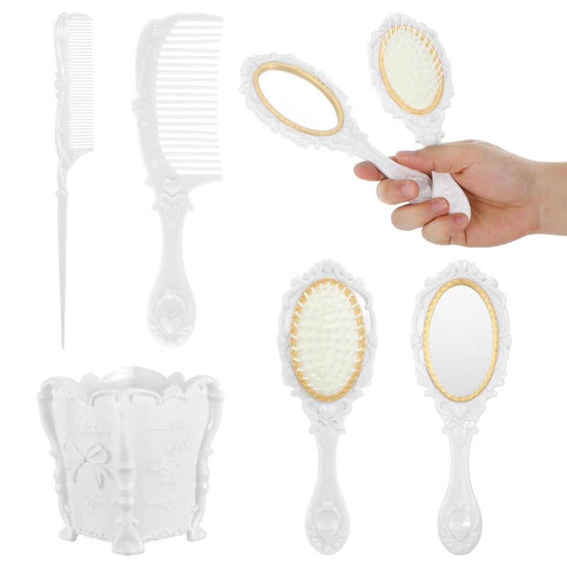 Vanity Set Comb Brush Mirror: Hand Mirror Comb Set Brush, with Storage Holder for Women Girl Creative （White）