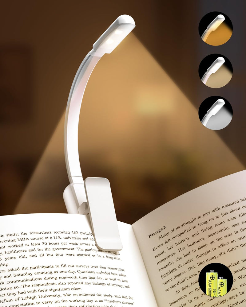 Book Light,Reading Lights for Books in Bed,AAA Battery Clip-On Led Reading Light with 3 Colors & Stepless Dimming,Portable and Ultra-Lightweight with Long Runtime(White) AAA-WH