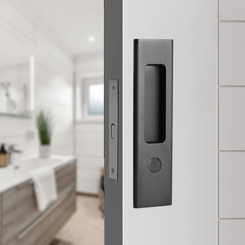 Hoconnie 6.3” Privacy Pocket Door Lock Hardware, Sliding Door Lock, Bathroom Mortise Lock, Invisible Furniture Hardware for 1-7/16” ~ 1-15/16” Thickness Door Matte Black 6.3''-Keyless