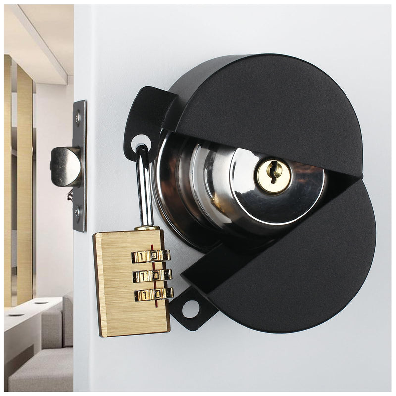 Door Knob with Lock，Without Drilling Door Handle Lock， (Black with Lock from Outside Prevents Turning of Door Knob and Access to Keyhole,for Apartment Evictions，Dementia Patients,Childproof Black