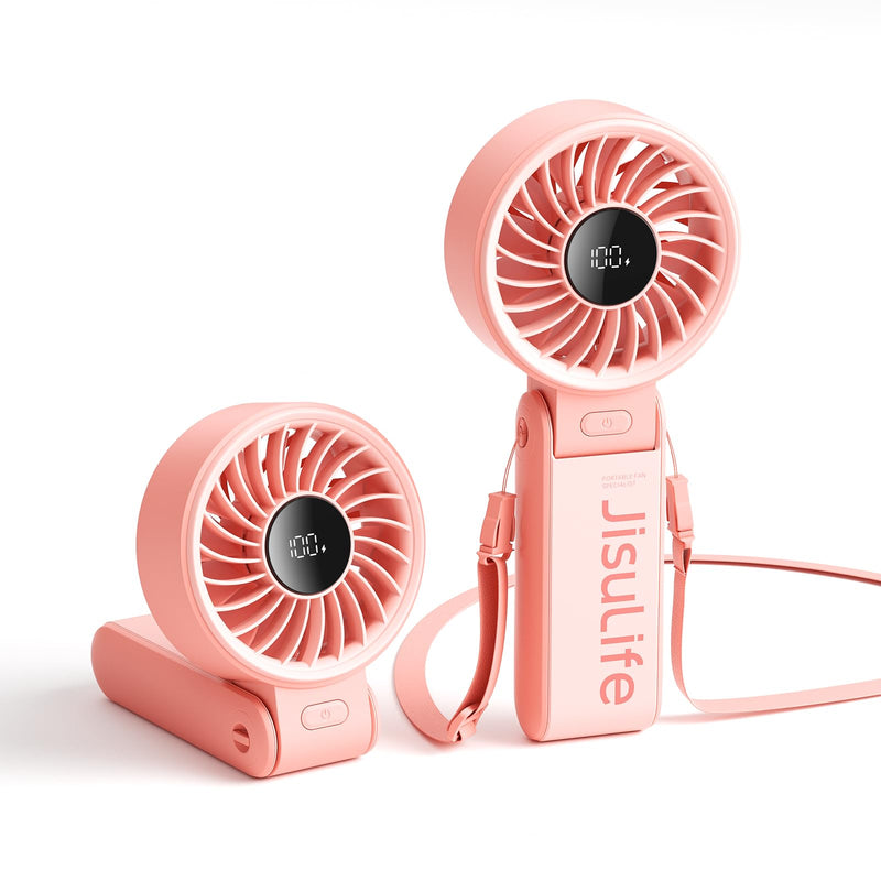 JISULIFE Handheld Fan Life7 – Ultimate Flexibility: High-Power Motor, LED Display, 19.5 Hrs Cooling, 5000mAh Rechargeable, 5-Speed, Foldable Design, 3-IN-1 Portable Fan for Travel Cruise Beach(Pink) Pink