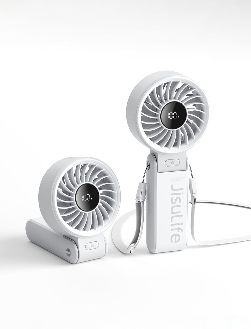 JISULIFE Handheld Fan Life7 – Ultimate Flexibility: High-Power Motor, LED Display, 19.5 Hrs Cooling, 5000mAh Rechargeable, 5-Speed, Foldable Design, 3-IN-1 Portable Fan for Travel Cruise Beach(Grey) Grey