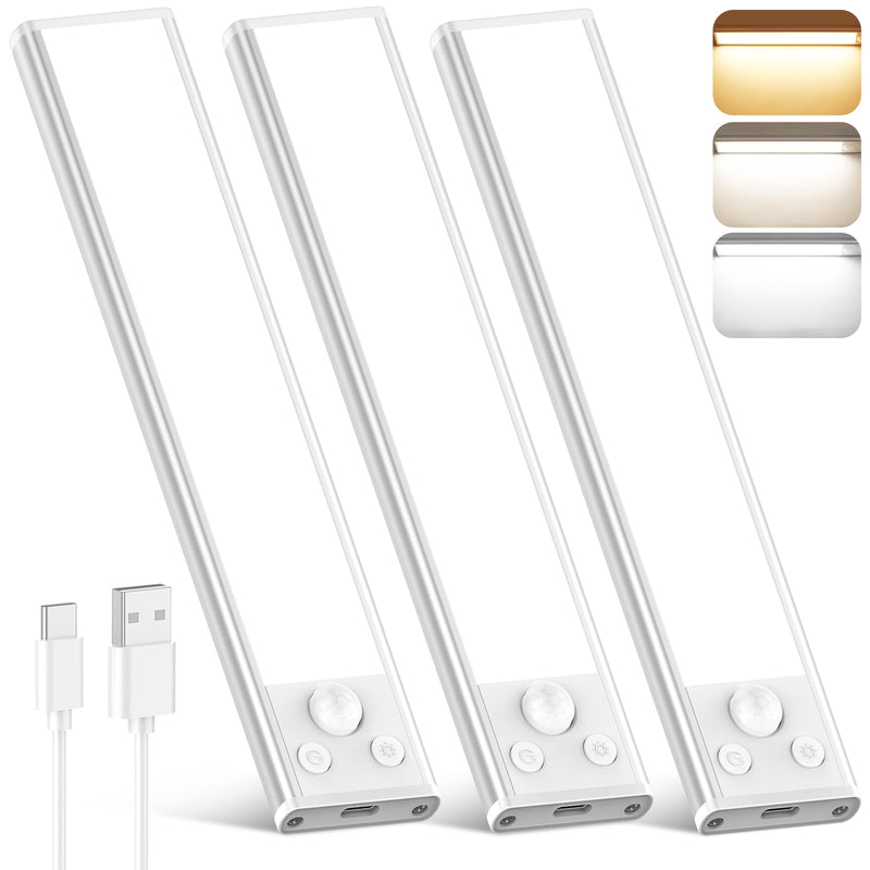 Under Cabinet Lights, 68-LED Rechargeable Battery Operated Motion Sensor Lights Indoor, 1800mAh Magnetic Dimmable Closet Lights, 3 Color Wireless Under Counter Night Lights for Kitchen Stair, 3 Packs 8 inch