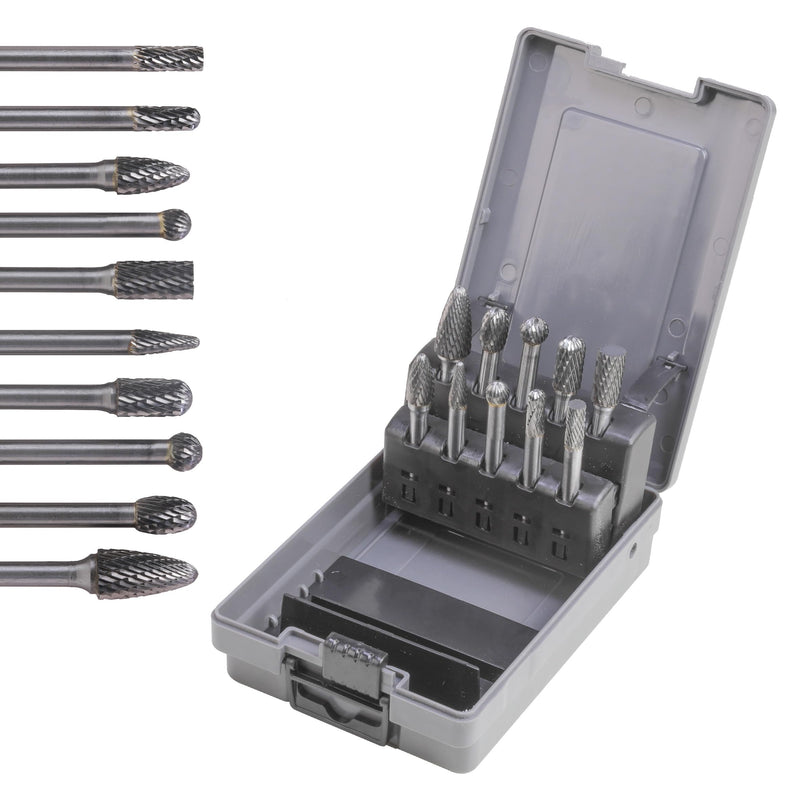 Carbide Cutting Burr Set 1/4 Inch Shank 10pcs Cutting Burr Rotary Files Set with Plastic Case Metal Wood Stone Hole Deburr Contouring Surface Milling Cleaning Grinding Engraving
