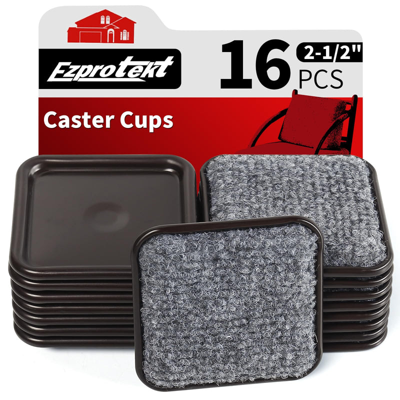 2 1/2" Square Reusable Felt Furniture Caster Cups with Carpet Bottom, Felt Furniture Sliders Floor Protectors Pads to Protect Hardwood, Tile or Laminate Floors from Scratches, Brown/Gray (16 Pack) 2-1/2 Inch
