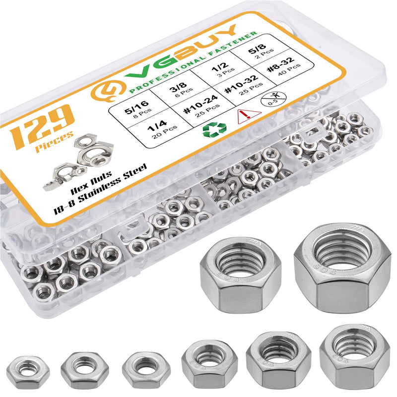 129pcs SAE Hex Nuts Assortment Kit 8-32 10-24 10-32 1/4"-20 5/16"-18 3/8"-16 1/2"-13 5/8"-11, 304 Stainless Steel 18-8 External Hex nut Set SAE Kit