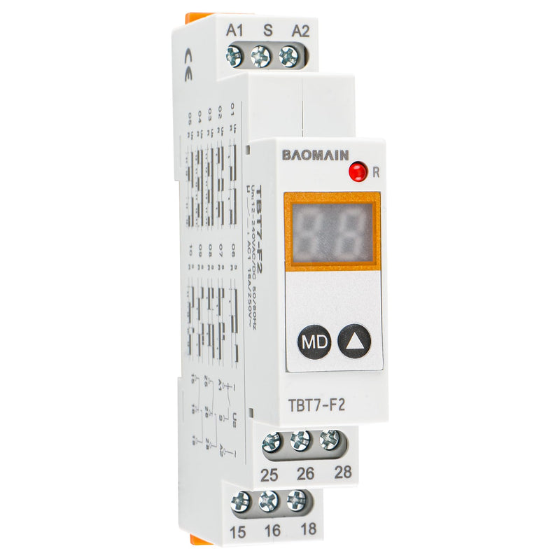Baomain Digital Multi-Function Time Relay, 16A 20-Delay Modes 0.1s~99d, DIN Rail Mounting Timer Relay TBT7-F2 (2-SPDT)