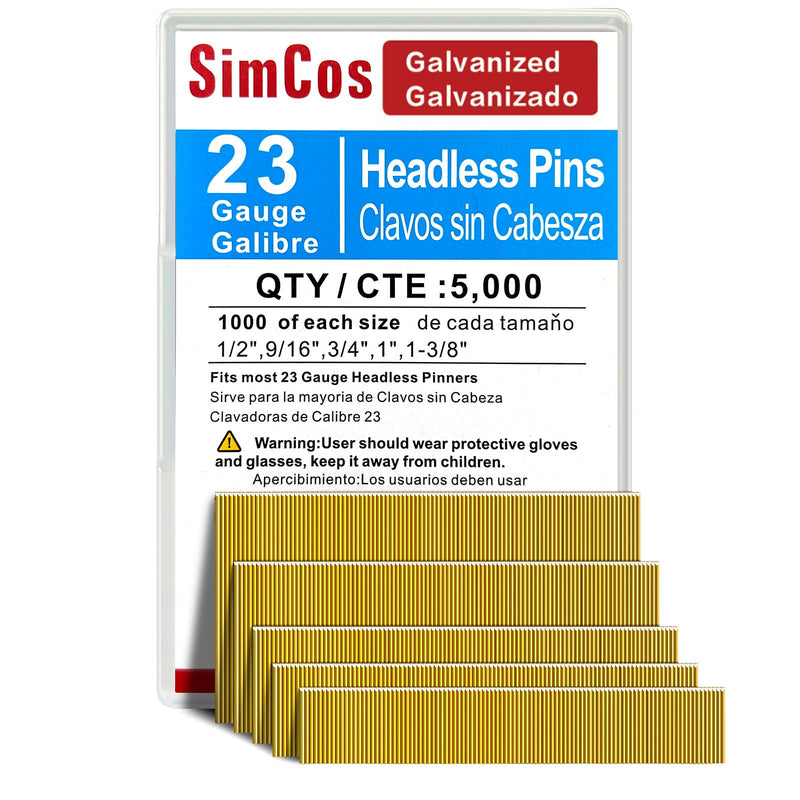 23 Gauge Pinner Nails (1/2",9/16",3/4",1",1-3/8") 5000 pcs Assorted 5 Sizes' Headless Pin Nails for 23 GA Pneumatic or Electric Pinner or pin Gun,Project Pack
