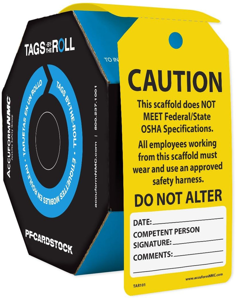 100 Scaffolding Tags by-The-Roll, Scaffold Does Not Meet Federal/State OSHA Specifications, US Made OSHA Compliant Scaffold Tags, Waterproof PF-Cardstock, Resists Tears, 6.25"x3", TAR101 100 Tags