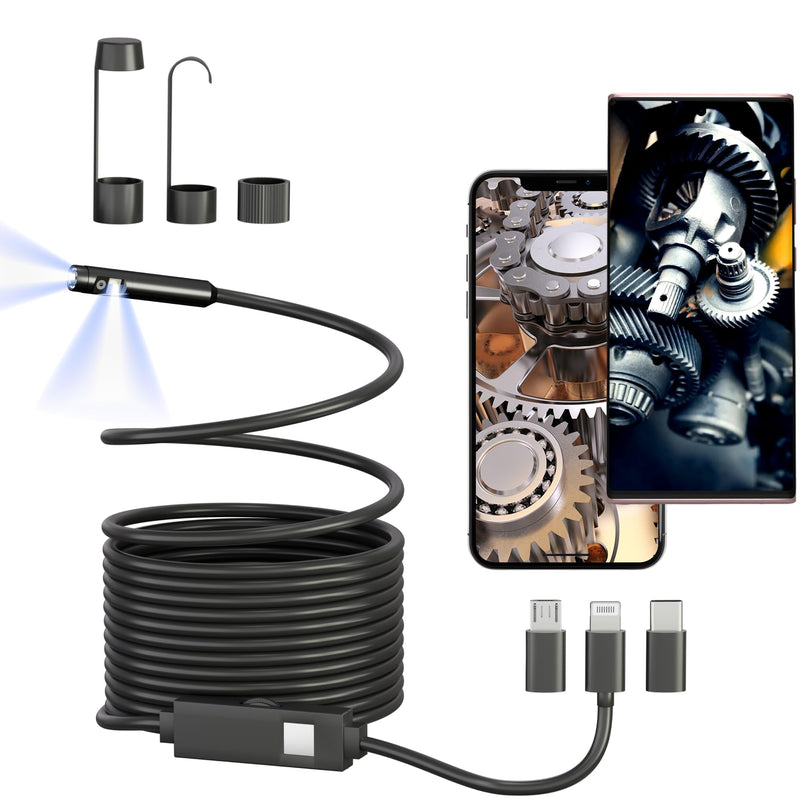 Dual Lens Borescope, Endoscope Camera with Light for iPhone, iPad, Android, 1920P IP67 Waterproof Inspection Camera,16.5FT Semi-Rigid Snake Camera,9 Adjustable Lights,Cool Gadgets for Men 16.5ft