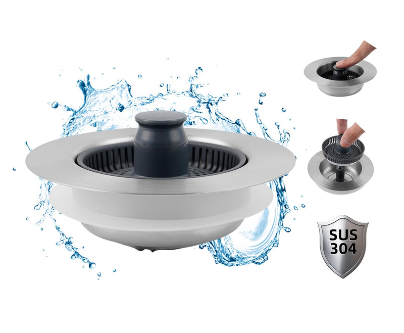 Hibbent Upgraded 3 in 1 Kitchen Sink Drain Strainer and Stopper Combo, Stainless Steel Metal Pop Up Sink Stopper, Anti-Clogging Basket Strainer with Handle for US Standard 3-1/2 Inch Drain Chrome