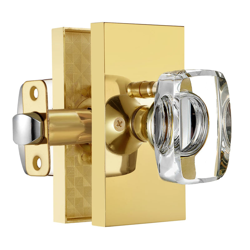 Gold Glass Crystal Door Knobs Interior with Lock, Modern Crystal Glass Privacy Door Knobs for Bedroom and Bathroom, Polished Brass
