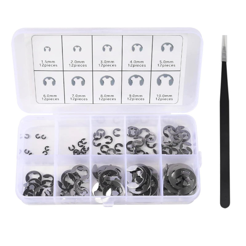 120pcs E-Clip Circlip External Retaining Clips Assortment Set 304 Stainless Steel Circlip Kit Anti Walk Washers 1.5/2 /3/4/5/6/7/8/9/10mm