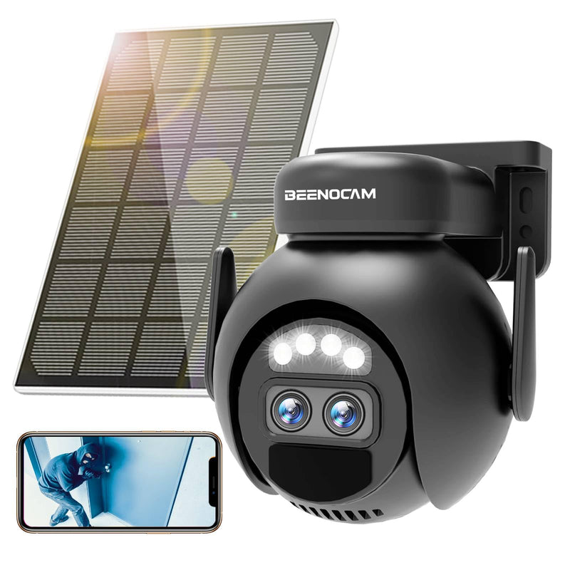 BEENOCAM Solar Security Cameras Wireless Outdoor, 360° PTZ Camera with Spotlight Siren/Motion Detection/Human Tracking/Color Night Vision/2.4GHz Wi-Fi/2-Way Audio/Waterproof