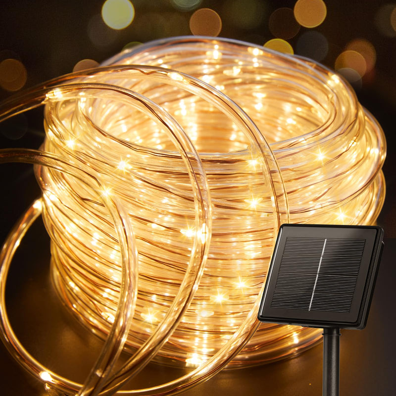 Brightown Solar Rope Lights, 39FT 100LED Outdoor Solar String Lights, IP65 Waterproof Solar Powered Fairy Lights with 8 Lighting Modes for Party Garden Yard Home Holiday Tree Decoration, Warm White 100 LED