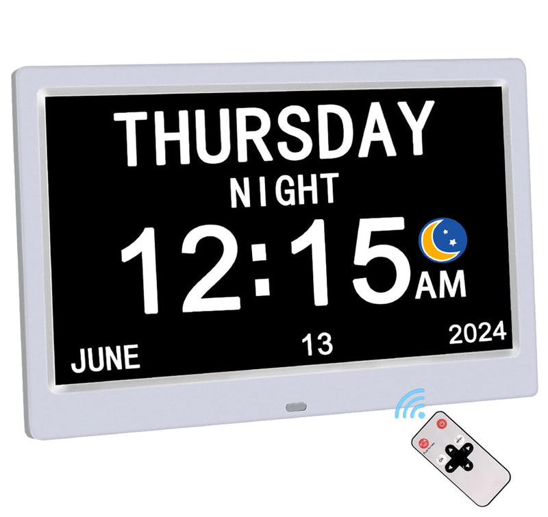 AINFTIME DST Digital Clock with Date and Day of Week for Elderly-12 Alarms Medication Reminder Dementia Alzheimers Clock Calendar with Extra Large Display (10.1 inch White) 10.1 inch White