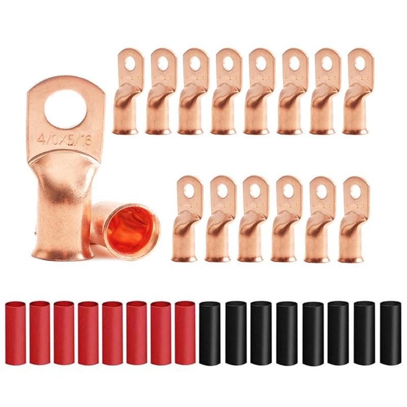 16Pcs 4/0 AWG 5/16" Stud Heavy Duty Copper Wire Lugs with 16Pcs Heat Shrink Tubing 4/0 Gauge Copper Ring Terminals Battery Cable Ends Bare Copper Eyelets Tubular Ring Terminal for Car Boat Marine 4/0 AWG - 5/16'' Ring Gold