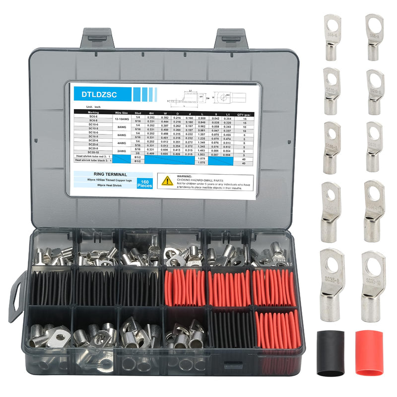 Thick Copper lugs，Electric Wire Lugs，AWG2 4 6 8 10 12Gauge，80Pcs Tinned Heavy Duty Battery Cable Lugs Ends Ring Terminal Connectors with 80Pcs 3:1 Heat Shrink Tubing Assortment Kit（160pcs） Tinned Copper