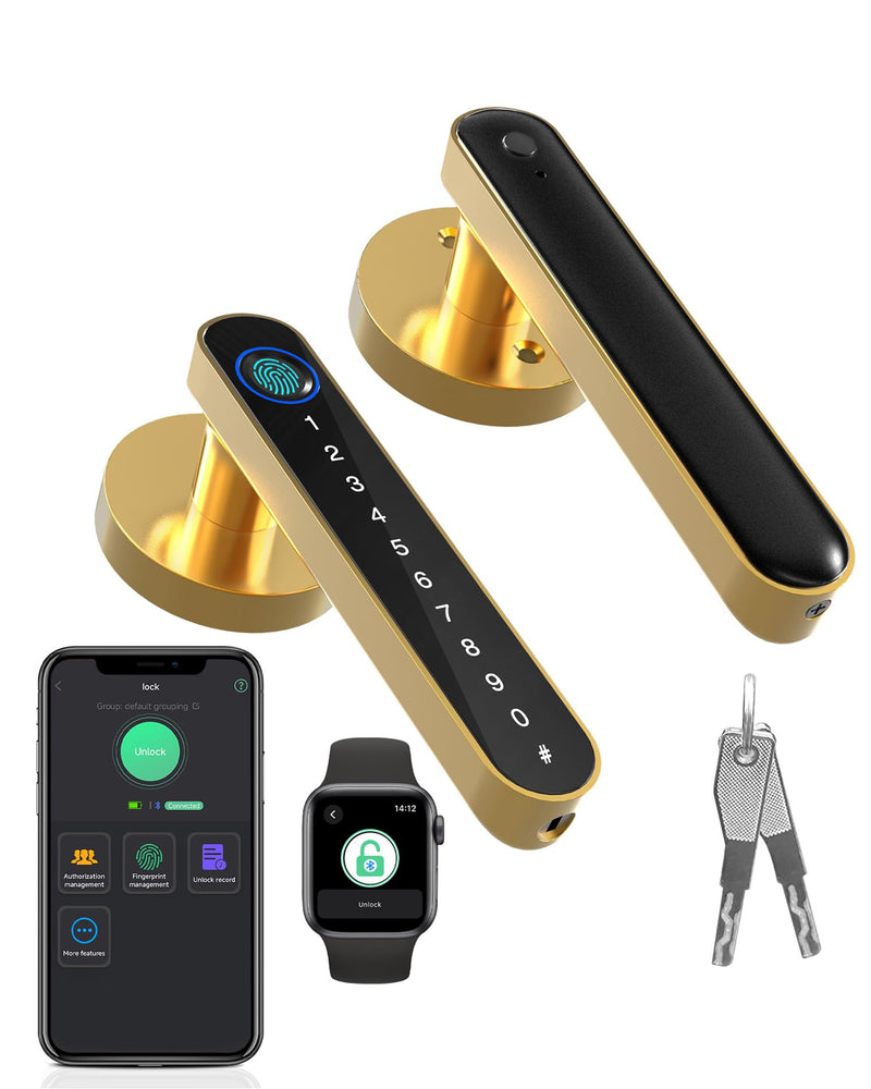 Fingerprint Handle Door Lock Smart Door Lock Levers eLinkSmart Digital Keyless Entry Door Knob Watch App Open Knob Lock for Bedroom Gold