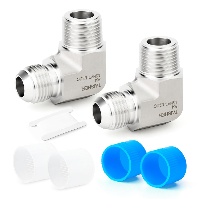 TAISHER 2PCS Forging of 304 Stainless Steel 90 Degree Elbow JIC Flare Tube Fittings, 1/2" JIC Male x 1/2" NPT Male, Half Union 1/2" JIC x 1/2" NPT(90 Degree Elbow) 2