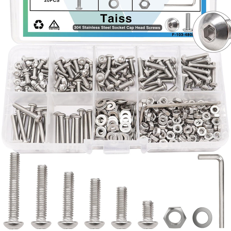 Taiss 640PCS M3 Screws Kit M3 x 6mm/8mm/10mm/12mm/16mm/20mm 304 Stainless Steel Metric Screws Assortment Button Head Socket Cap Head Screws Bolts with Nuts/Washer/Lock Washers/Wrenches Button Head Screws