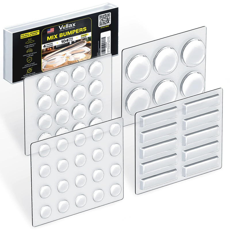 104-Piece Cabinet Bumper Set - Clear, Self-Adhesive Rubber Pads for Cabinet Doors, Cupboards, and Kitchen Cabinet Protectors – Dampen Noise & Protect Surfaces 104