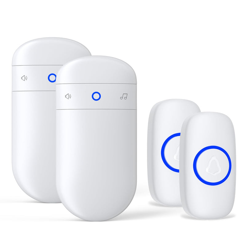 SECRUI Doorbell–Doorbell Wireless Kits for Front Door – Battery Operated Doorbell with 52 Chimes, 5 Volume Levels – Waterproof Doorbell (2 Push Buttons 2 Receivers) 2 Receivers 2 Push buttons White