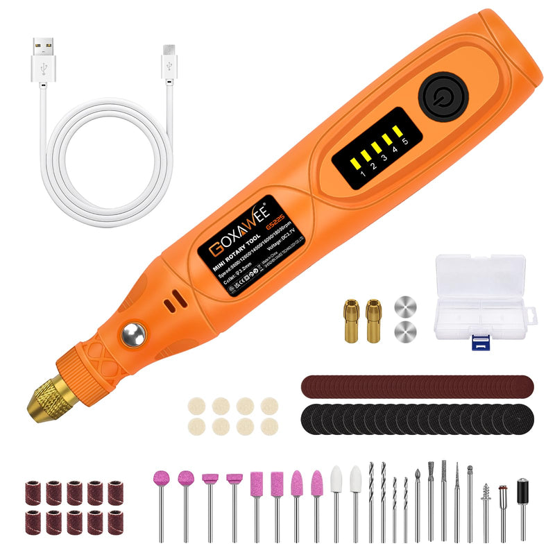 GOXAWEE Mini Cordless Rotary Tool Kit with 105pcs Accessories, USB Charging 5-Speed 18000rpm Multi-Purpose Art Craft Tool with 3.7V Li-ion Battery for Handmade Crafting and DIY Creations Yellow