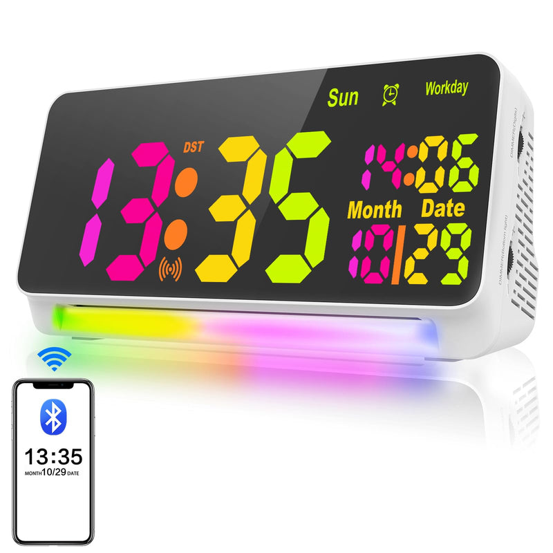 120db Super Loud Alarm Clock for Heavy Sleepers, Bluetooth Connection, 15 Wake Up Sounds, 7 Color Night Light, Dynamic RGB Color Changing, 0-100% Dimmer, Snooze, Digital Clock for Bedroom