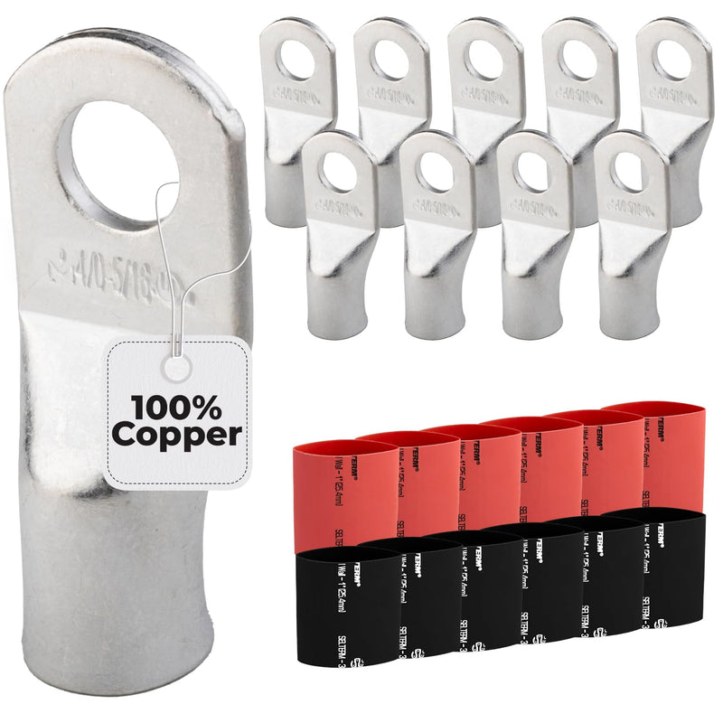 SELTERM 10pcs - 4/0 Awg - 5/16" Stud - Battery Lugs - Ring Terminal Connectors with 12pcs 3:1 Black & Red Heat Shrink Tubing with Adhesive | Heavy Duty Battery Cable Ends - Tinned Copper Wire Lugs Kit 4/0 Awg - 5/16" (M8) Ring 10
