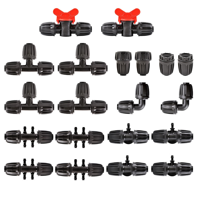 20Pcs Drip Irrigation Fittings Kit Connectors for 1/2 Inch Tubing, PE Tubing Fittings - 2 Switch Valves, 4 Tee, 2 End, 4 1/2" to 1/4" Tee,2 Elbows 2 Thread Adapters,4Pcs 1/2" to 1/4" Six Way 20P-Set