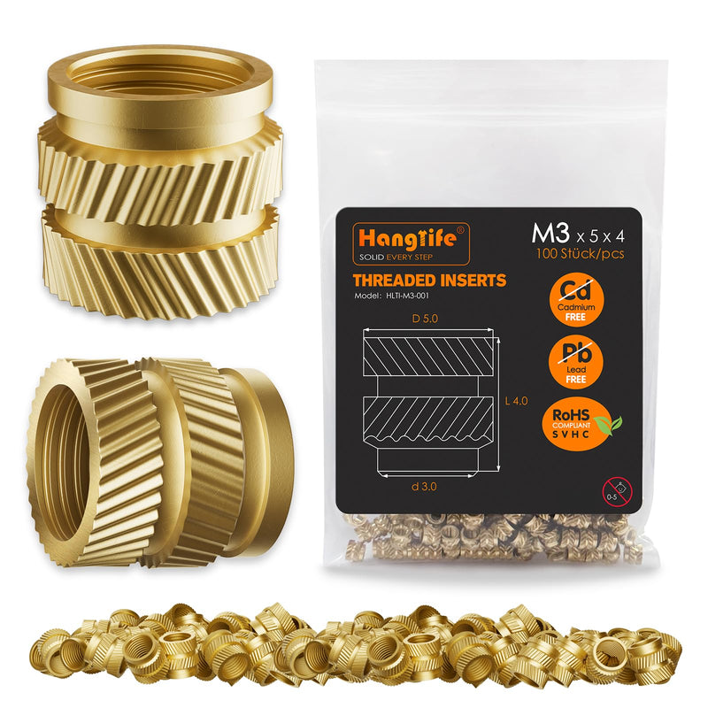 Heat-Set Threaded Inserts, M3 Heat Set Insert for 3D Printing Components and Plastic Parts - Brass Metric Knurled Nuts (100 Pieces) M3 x D5 x L4(100pcs)