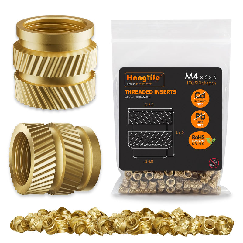 Heat-Set Threaded Inserts, M4 Heat Set Insert for 3D Printing Components and Plastic Parts - Brass Metric Knurled Nuts (100 Pieces) M4 x D6 x L6(100pcs)