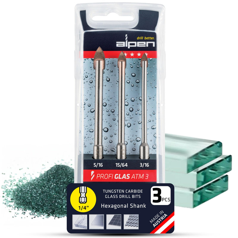ALPEN 3-Piece Glass & Tile Drill Bit Set – Tungsten Carbide Spear Point for Ceramic Tile, Glass, Mirror & Porcelain – Clean, Chip-Free Holes – Austrian Engineering 3 PCS Set