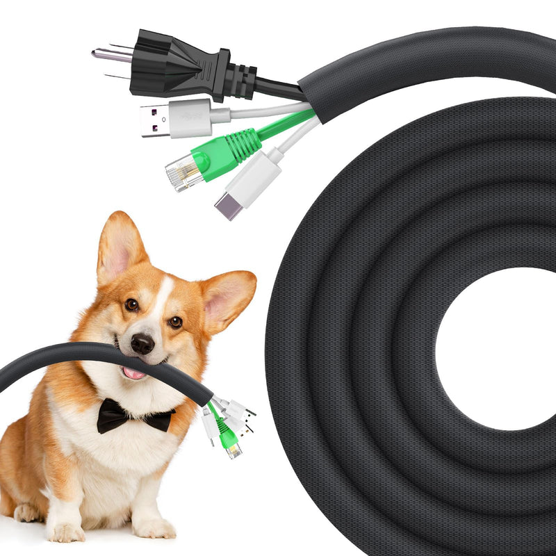 Dog Cat Cord Protector 10ft - 1/2inch, Flexible Cable Sleeve for Easy Cord Management, Protects Cables from Pets Chewing, Ideal for USB, Power, Audio and Video Cords - Black 1/2"-10ft