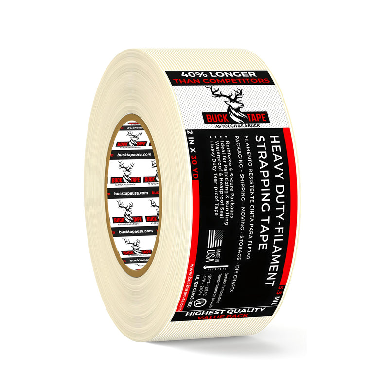 Buck Strapping Tape 2 Inch x 30 Yds (90ft) - 5.5Mil Thickness, Heavy Duty Industrial Grade Mono Directional Fiberglass Reinforced Filament Tape with Synthetic PET Adhesive for Bundling & Palletizing 2 Inch x 30 Yards 1 Pack