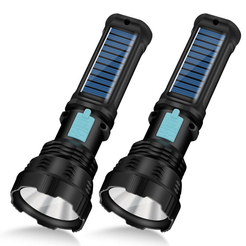 Led Solar Flashlight, 1500 Lumens Led Solar Handheld Rechargeable Flashlights with IP65 Waterproof, 2000mAh Battery for Survival Emergencies Camping (2 Packs) 2 Packs